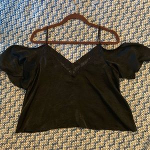 TOPSHOP Black silky off shoulder long crop top